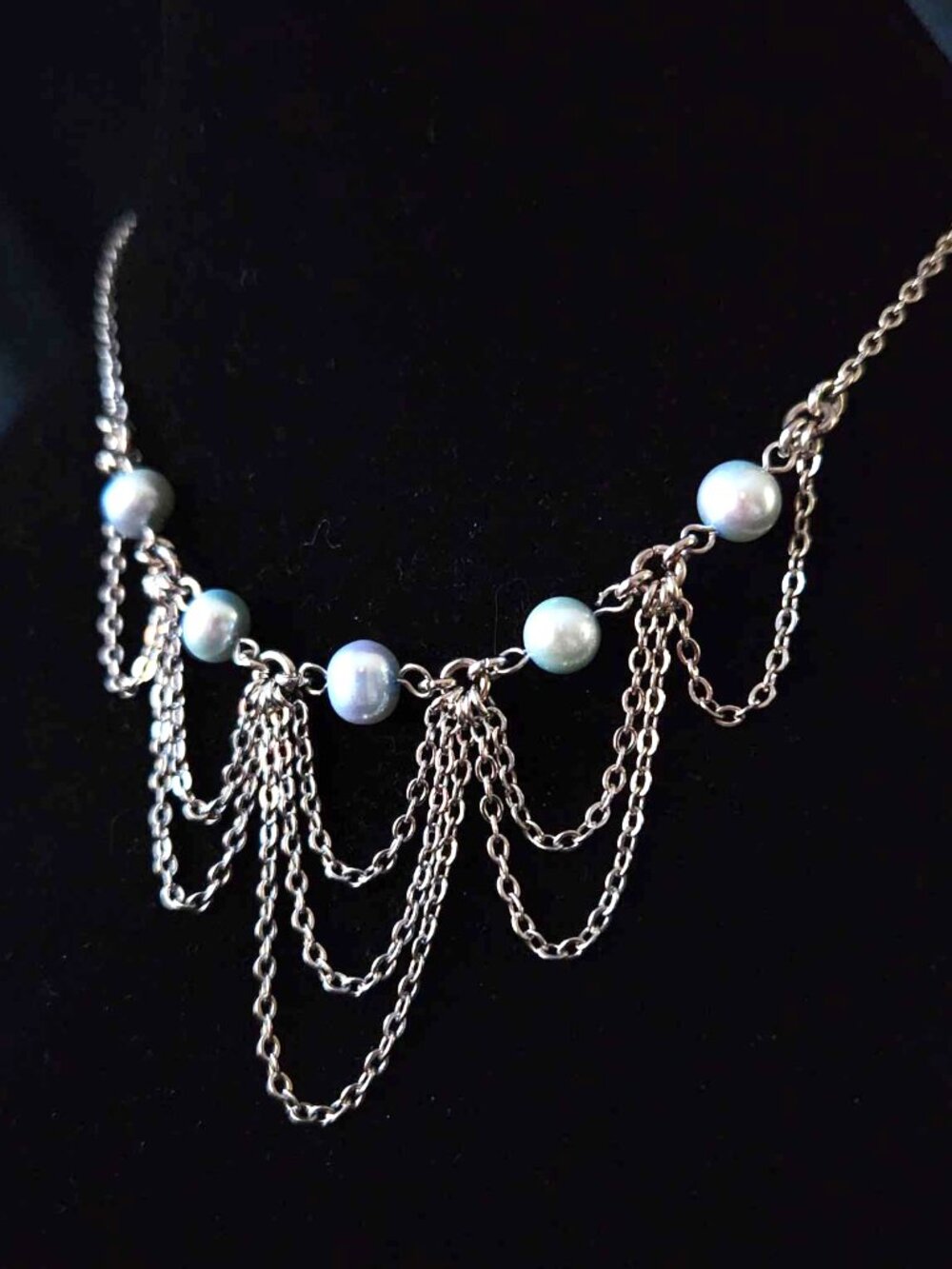 Vintage mermaid silver and blue pearls draped necklace with a small silver chain